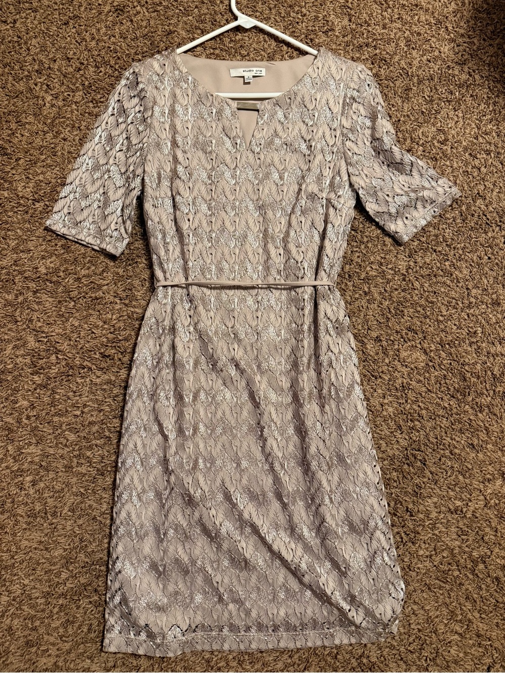 Studio One Taupe Lace Midi Dress with Slim Belt